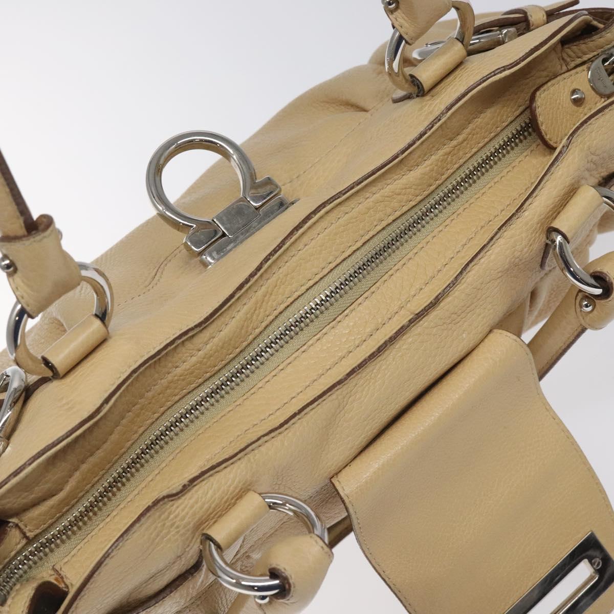 Salvatore Ferragamo Gancini Shoulder Bag Leather Beige Silver Auth EC551