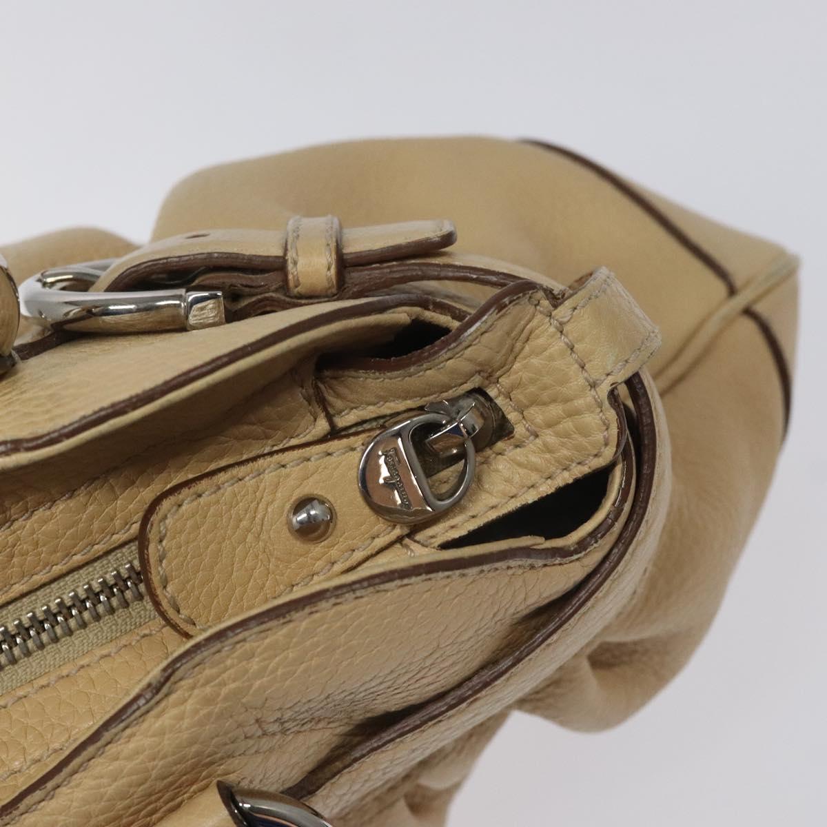 Salvatore Ferragamo Gancini Shoulder Bag Leather Beige Silver Auth EC551