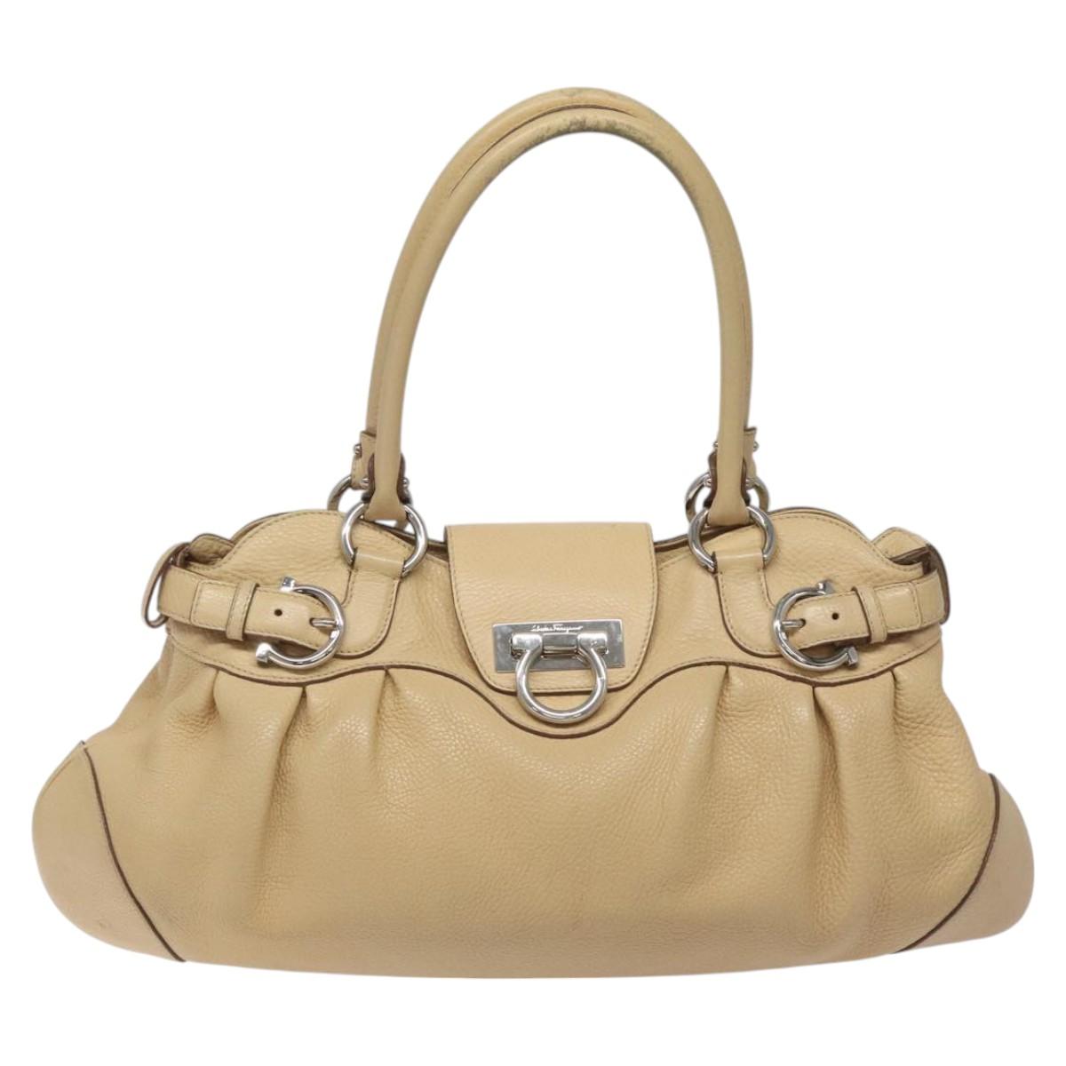 Salvatore Ferragamo Gancini Shoulder Bag Leather Beige Silver Auth EC551