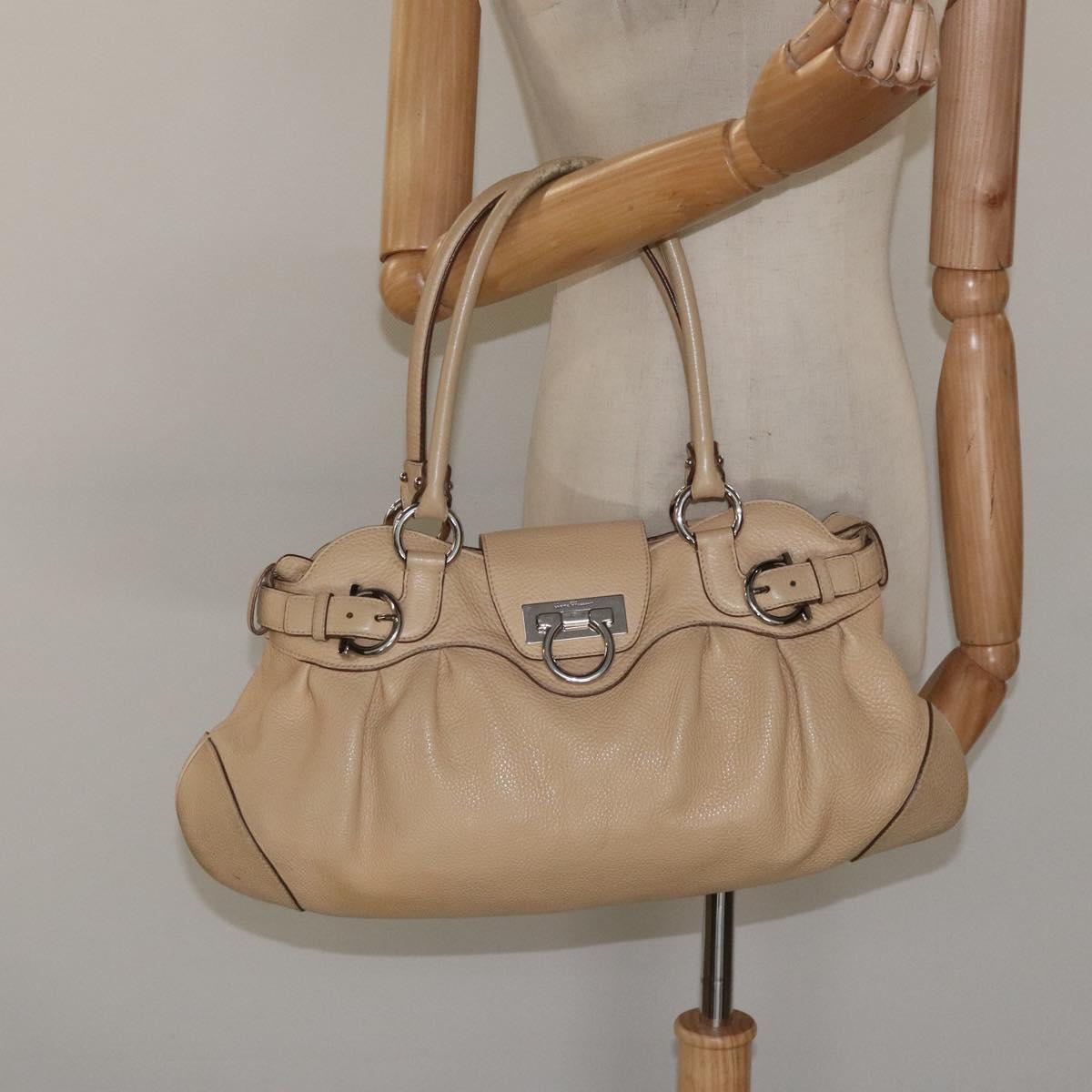 Salvatore Ferragamo Gancini Shoulder Bag Leather Beige Silver Auth EC551