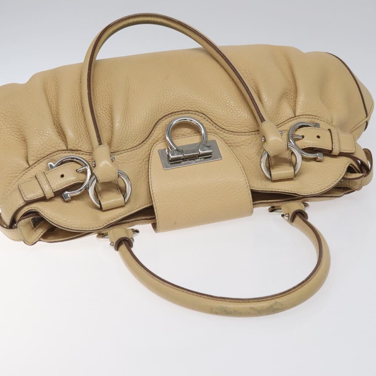 Salvatore Ferragamo Gancini Shoulder Bag Leather Beige Silver Auth EC551