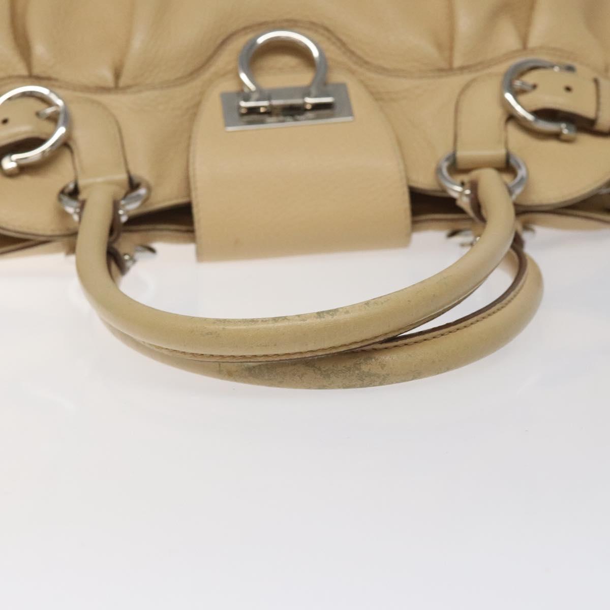 Salvatore Ferragamo Gancini Shoulder Bag Leather Beige Silver Auth EC551