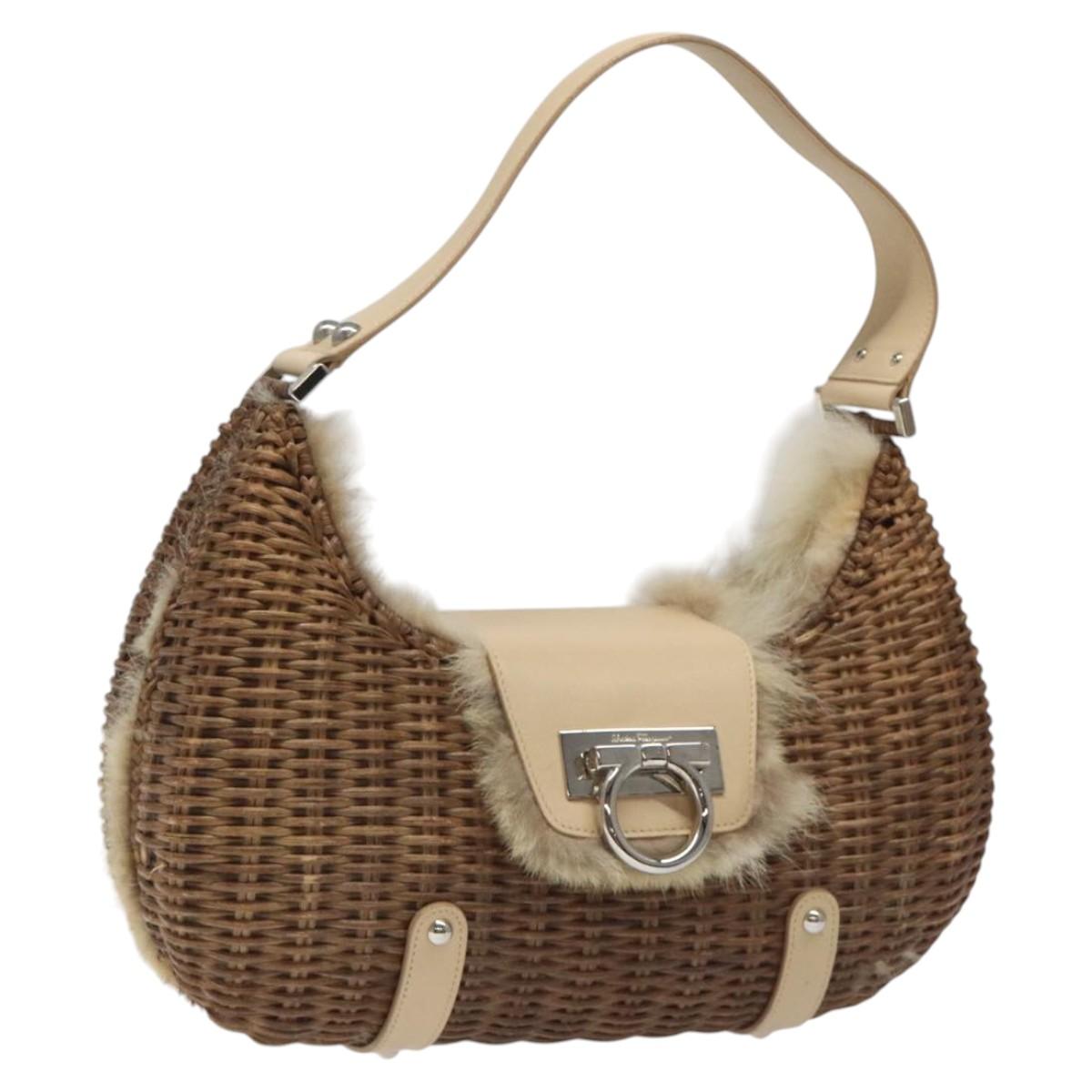 Salvatore Ferragamo Gancini Shoulder Bag Rattan Beige Silver Auth EC583