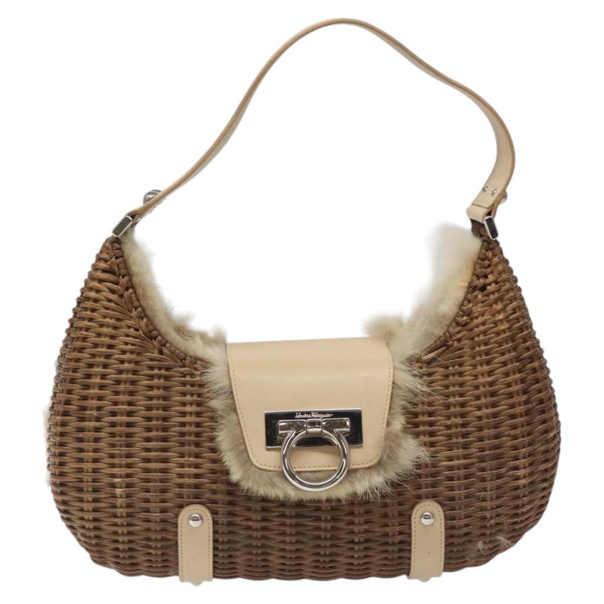 Salvatore Ferragamo Gancini Shoulder Bag Rattan Beige Silver Auth EC583