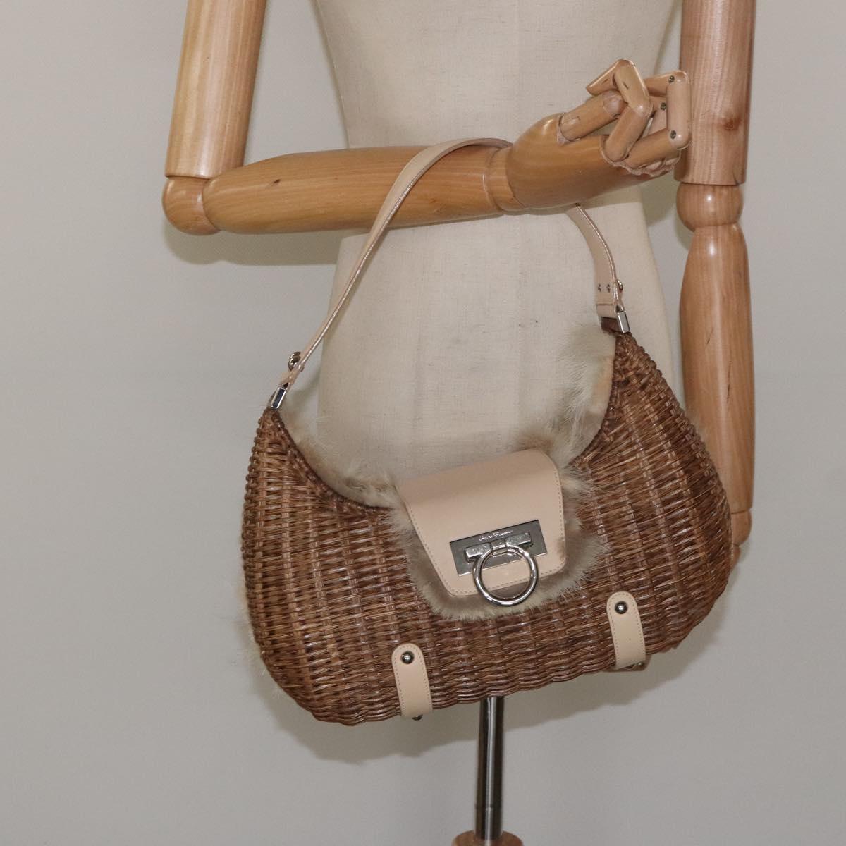 Salvatore Ferragamo Gancini Shoulder Bag Rattan Beige Silver Auth EC583
