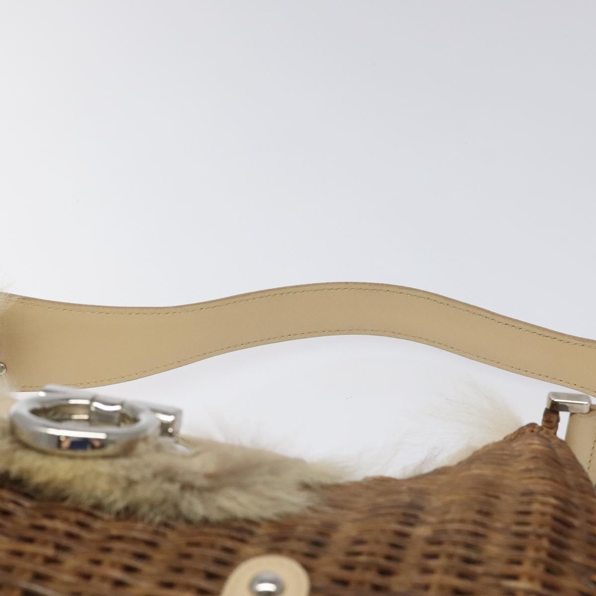 Salvatore Ferragamo Gancini Shoulder Bag Rattan Beige Silver Auth EC583