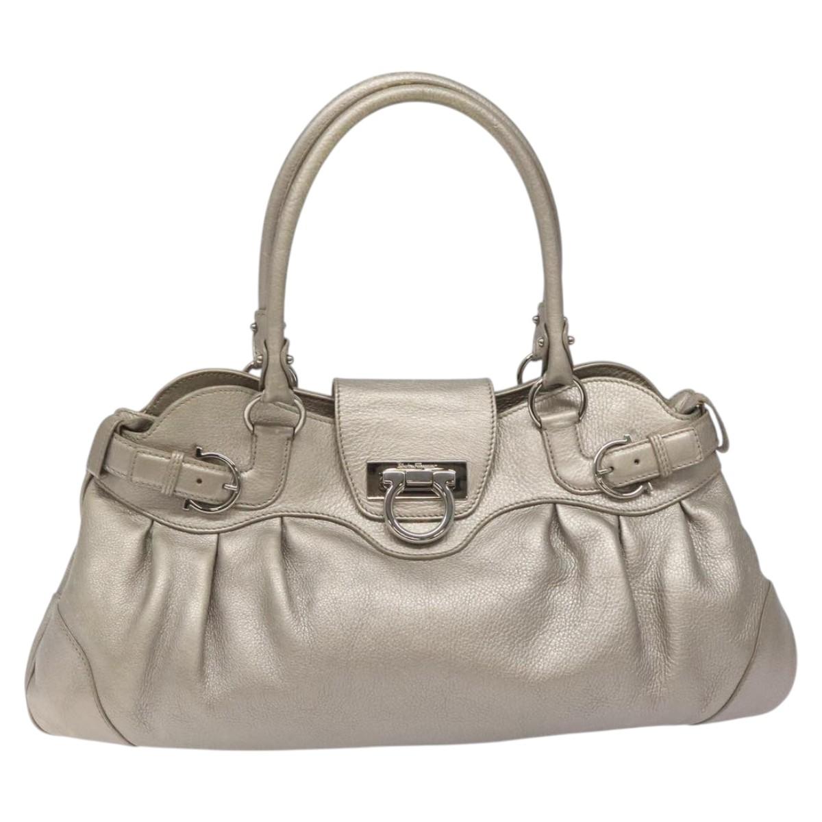 Salvatore Ferragamo Gancini Shoulder Bag Leather Silver Auth EC587