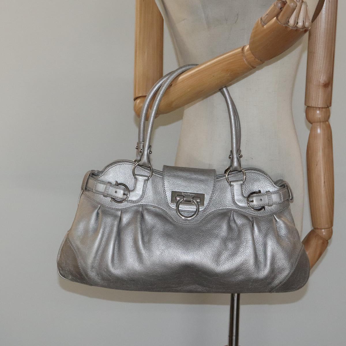 Salvatore Ferragamo Gancini Shoulder Bag Leather Silver Auth EC587