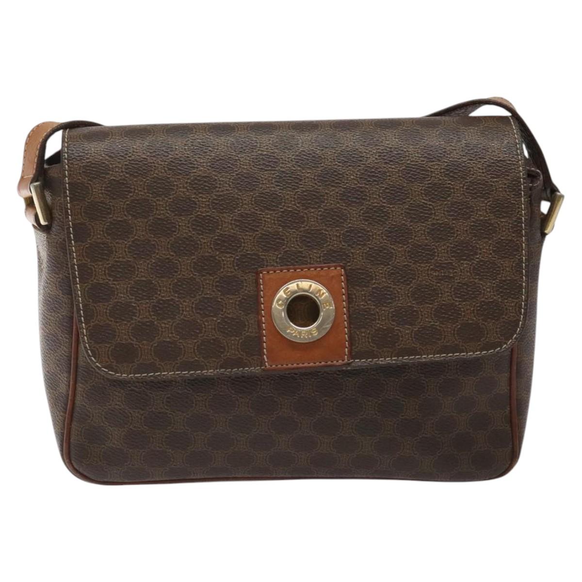 CELINE Macadam Canvas Shoulder Bag PVC Leather Brown Gold Auth EC639