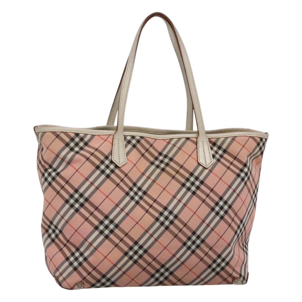 BURBERRY Nova Check Blue Label Tote Bag Nylon Pink White Silver Auth EC681
