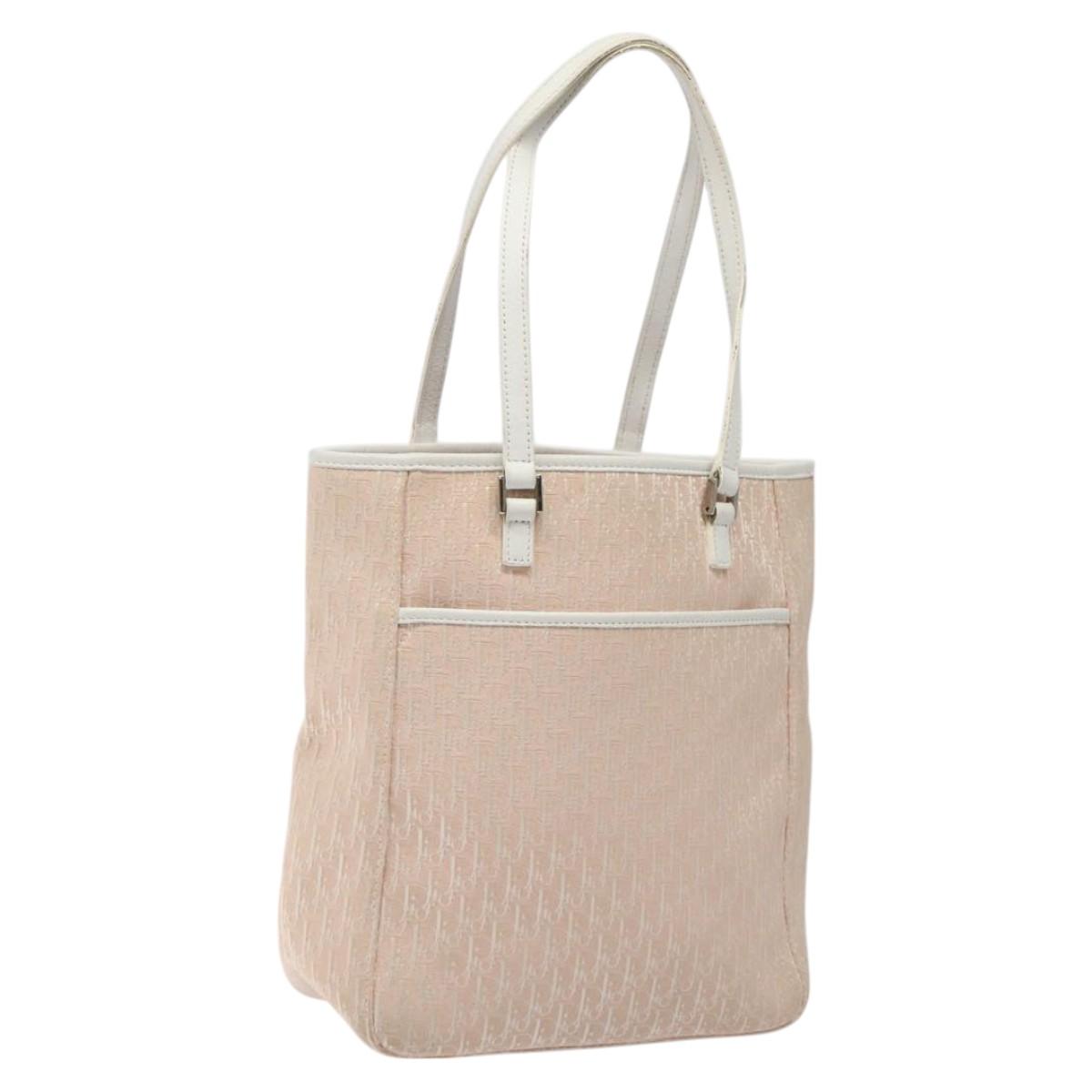 Christian Dior Trotter Canvas Tote Bag Pink White Silver Auth EC695