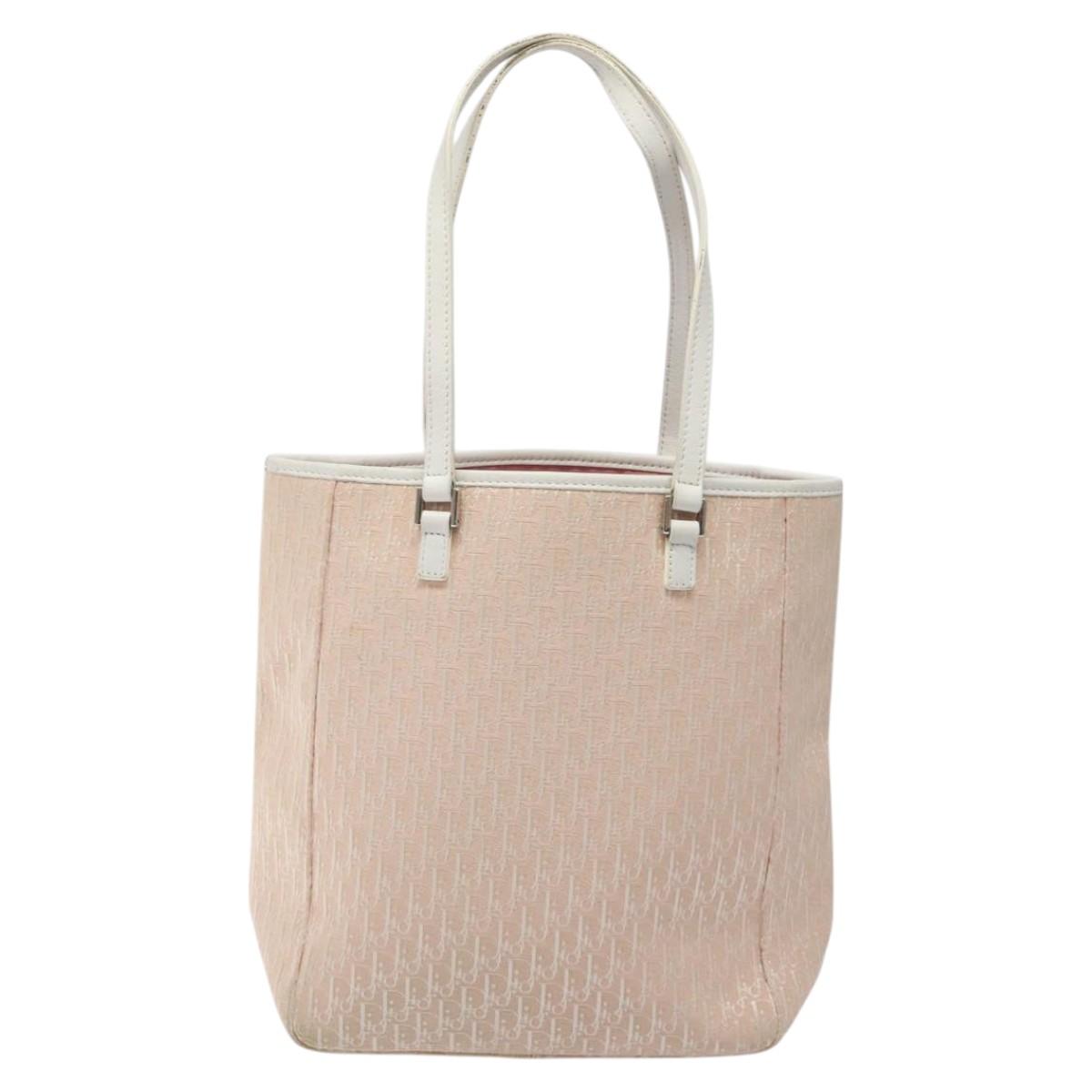 Christian Dior Trotter Canvas Tote Bag Pink White Silver Auth EC695