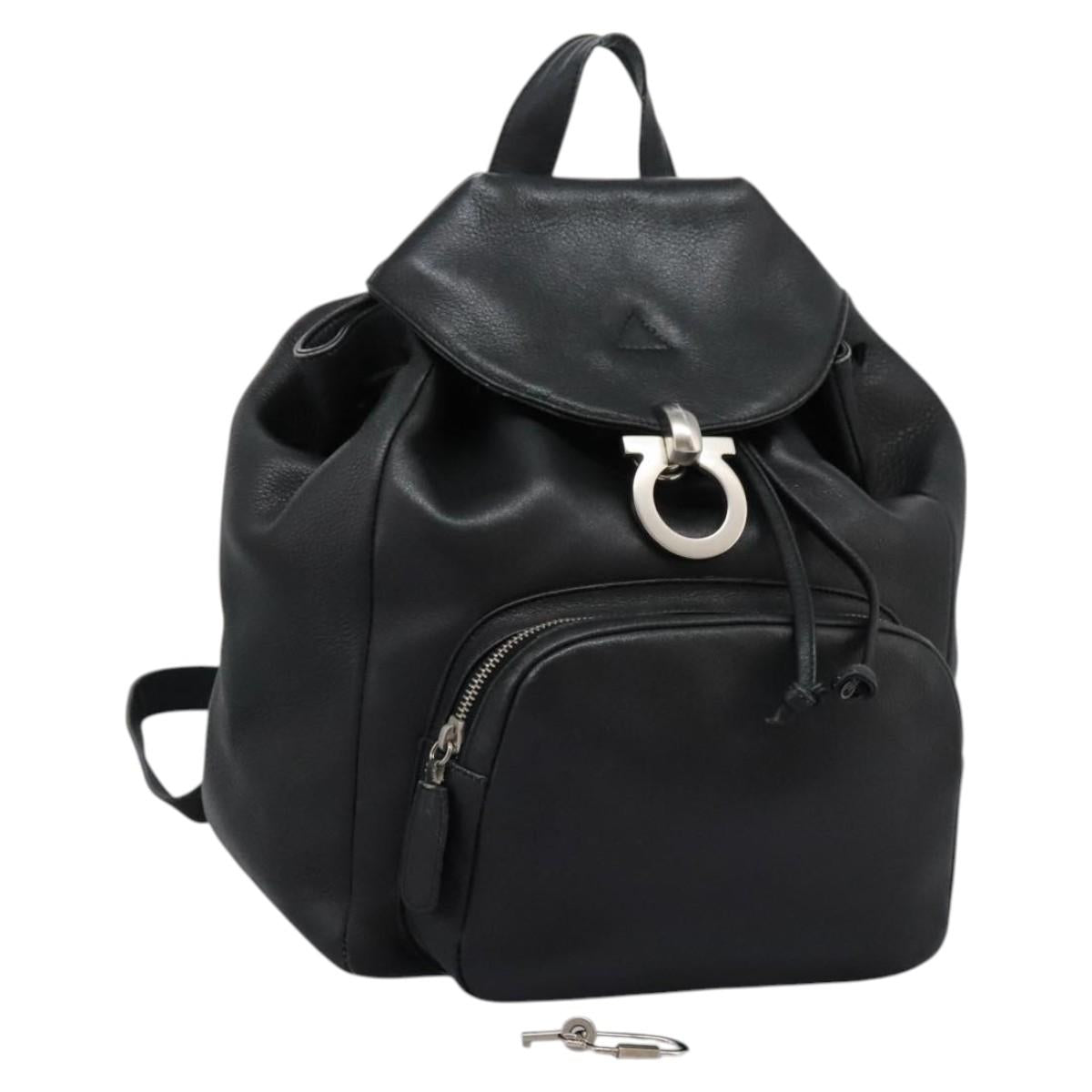 Salvatore Ferragamo Gancini Backpack Leather Black Silver Auth EC696