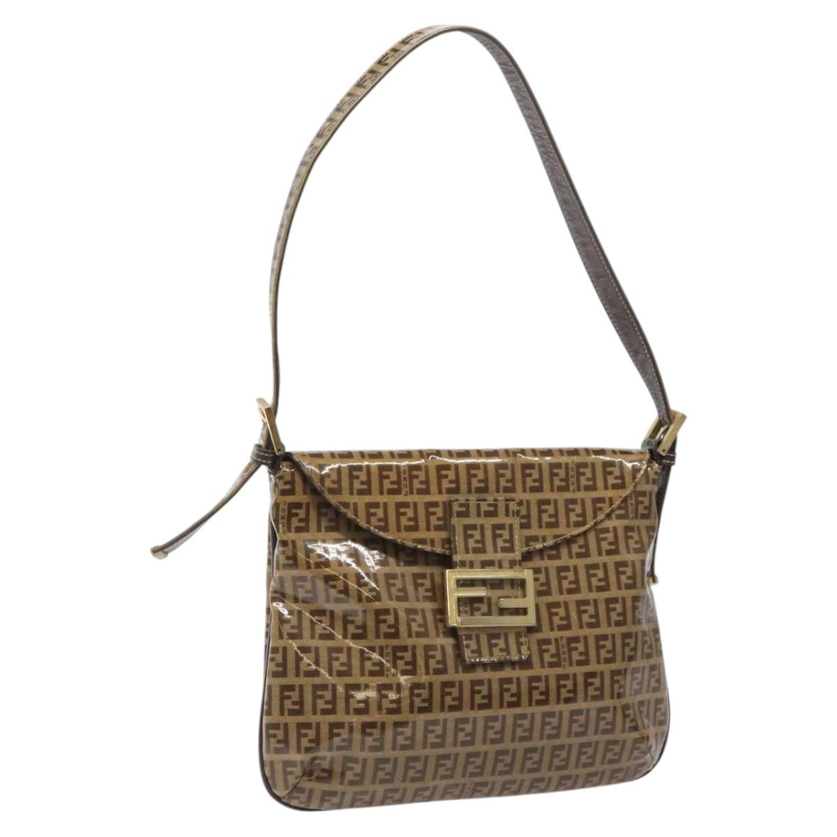 FENDI Zucchino Canvas Mamma Baguette Shoulder Bag PVC Brown Gold Auth EC724