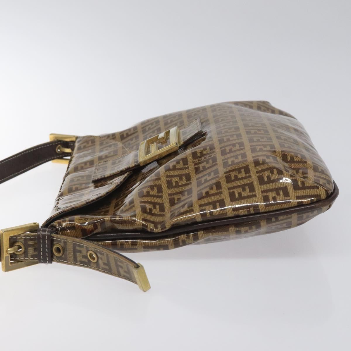 FENDI Zucchino Canvas Mamma Baguette Shoulder Bag PVC Brown Gold Auth EC724