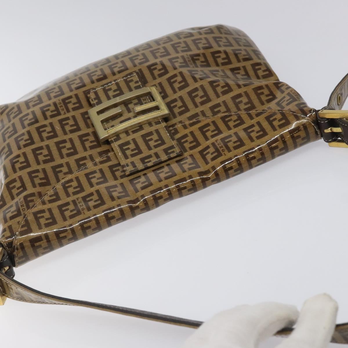 FENDI Zucchino Canvas Mamma Baguette Shoulder Bag PVC Brown Gold Auth EC724