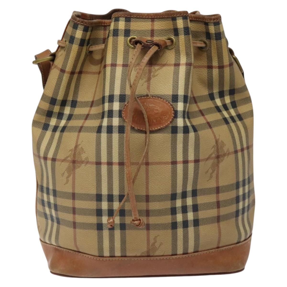Burberrys Nova Check Shoulder Bag PVC Leather Beige Brown gold Auth EC731