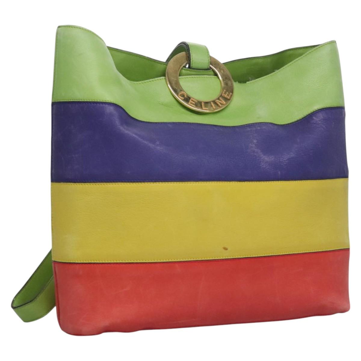 CELINE Shoulder Bag Leather Green Red yellow Auth EC743