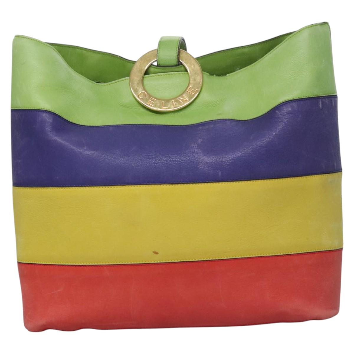 CELINE Shoulder Bag Leather Green Red yellow Auth EC743
