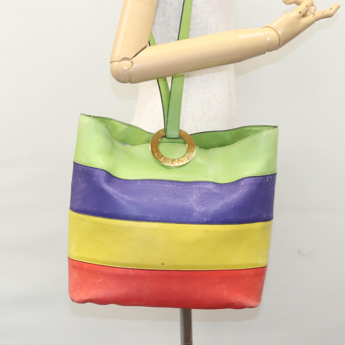 CELINE Shoulder Bag Leather Green Red yellow Auth EC743