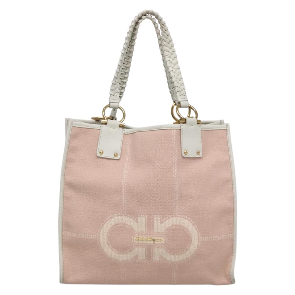 Salvatore Ferragamo Gancini Tote Bag Canvas Leather Pink White gold Auth EC754