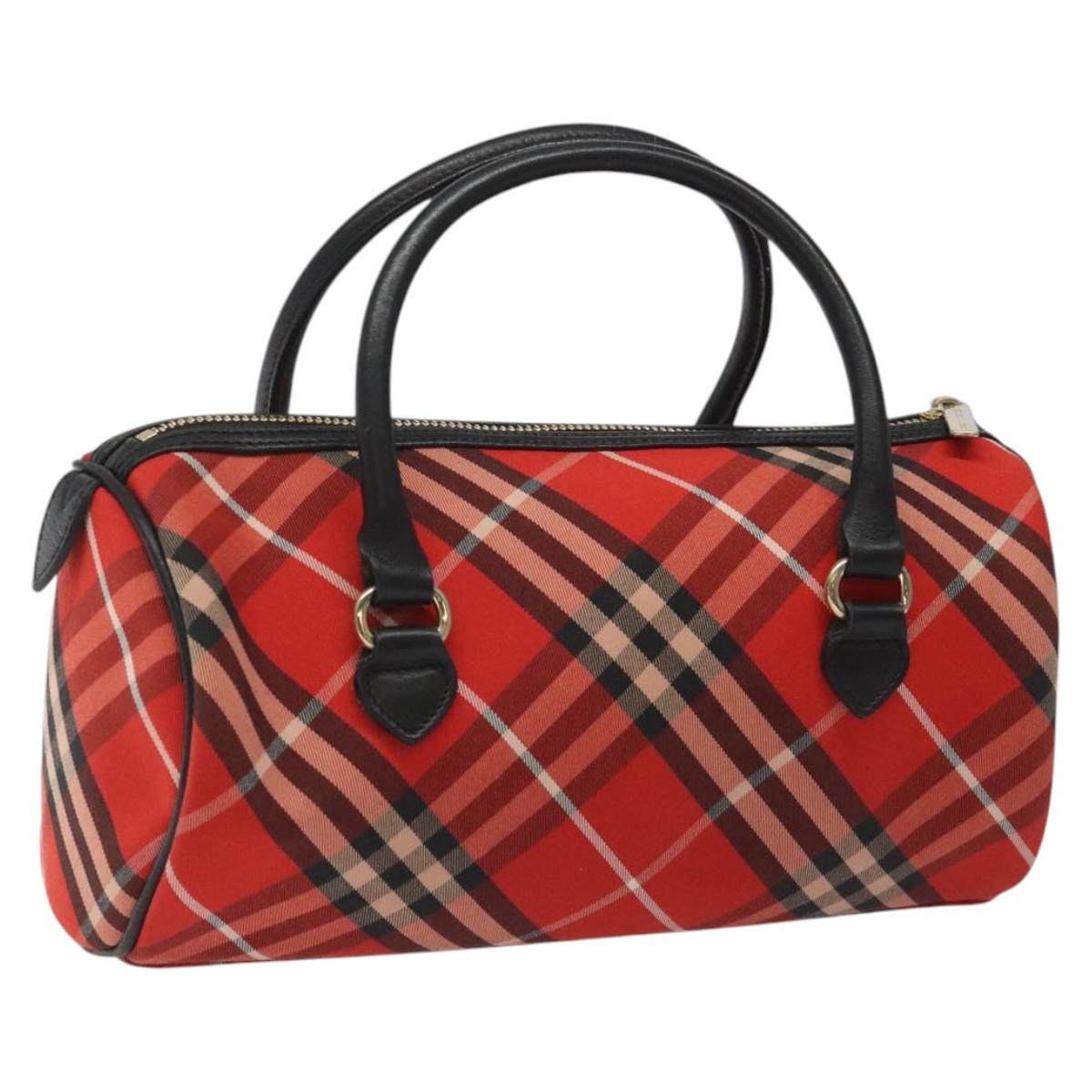 BURBERRY Nova Check Blue Label Hand Bag Nylon Leather Red Black gold Auth EC765