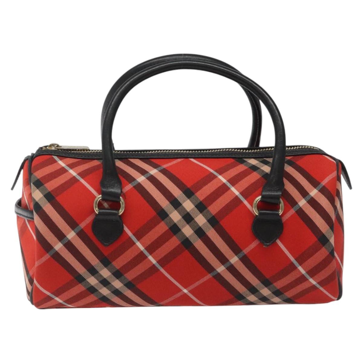 BURBERRY Nova Check Blue Label Hand Bag Nylon Leather Red Black gold Auth EC765