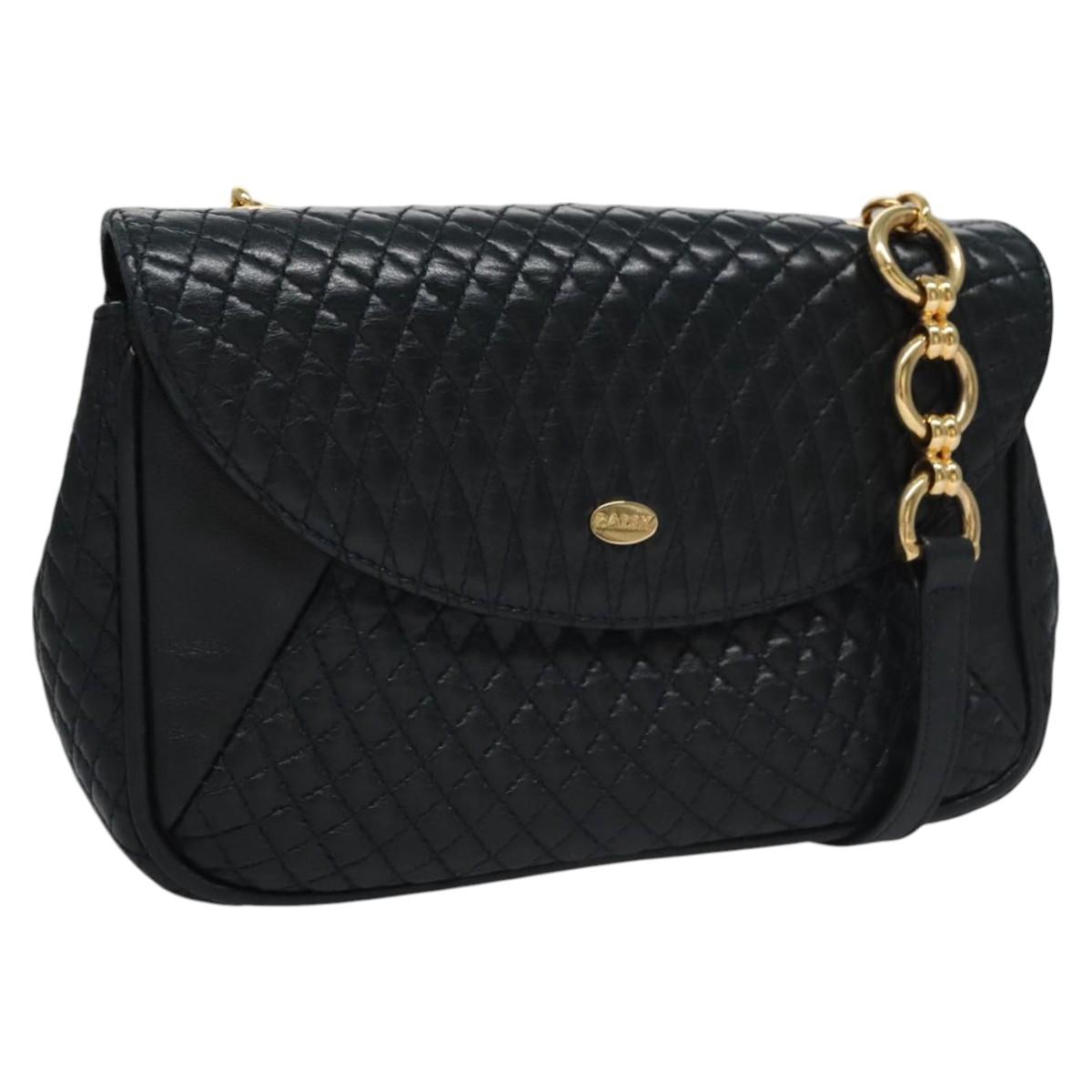 BALLY Shoulder Bag Leather Navy Gold Auth EC776