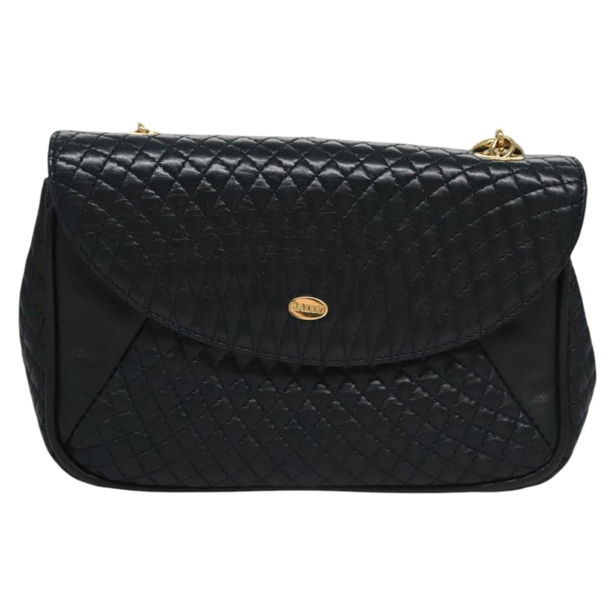 BALLY Shoulder Bag Leather Navy Gold Auth EC776