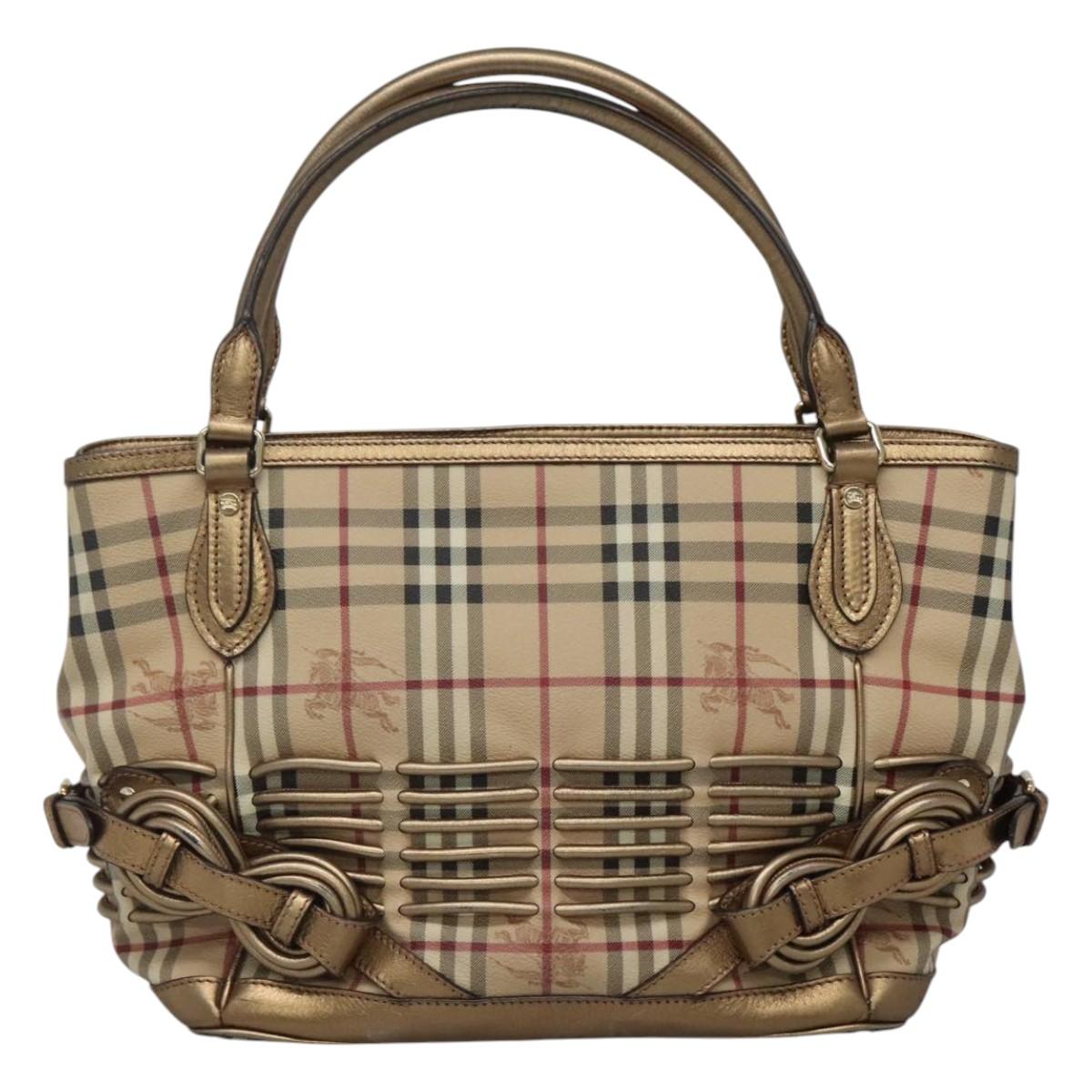 BURBERRY Nova Check Hand Bag PVC Leather Beige gold Auth EC786