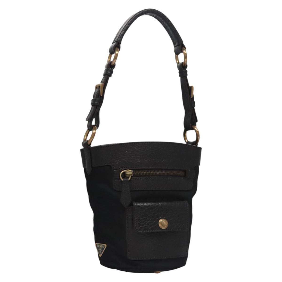 PRADA Hand Bag Nylon Leather Black Gold Auth EC817V
