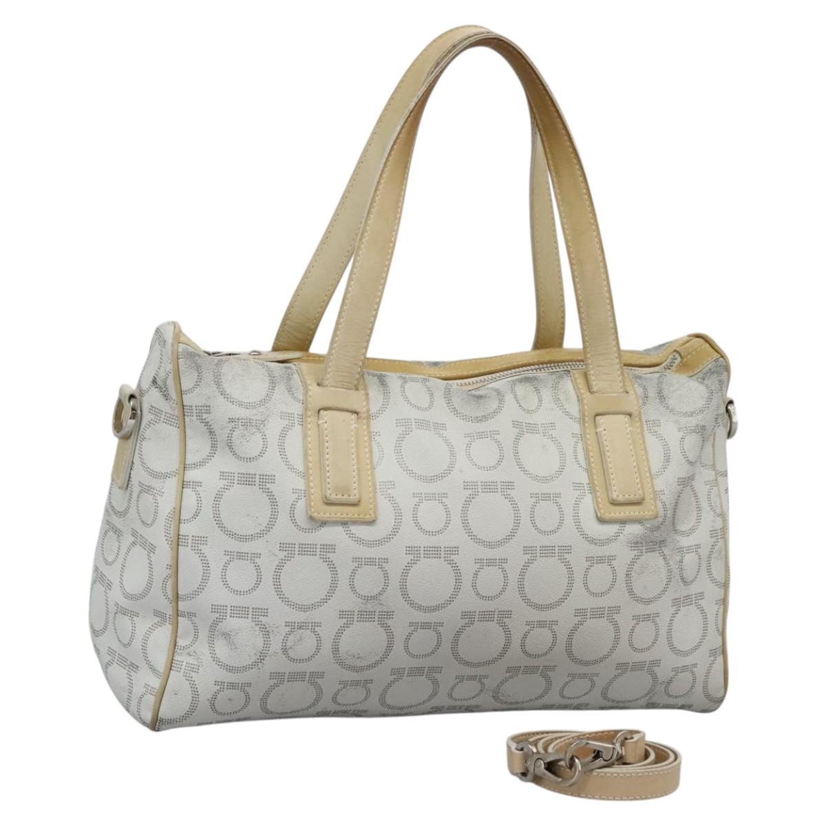 Salvatore Ferragamo Hand Bag Coated Canvas White Beige Silver Auth EC841