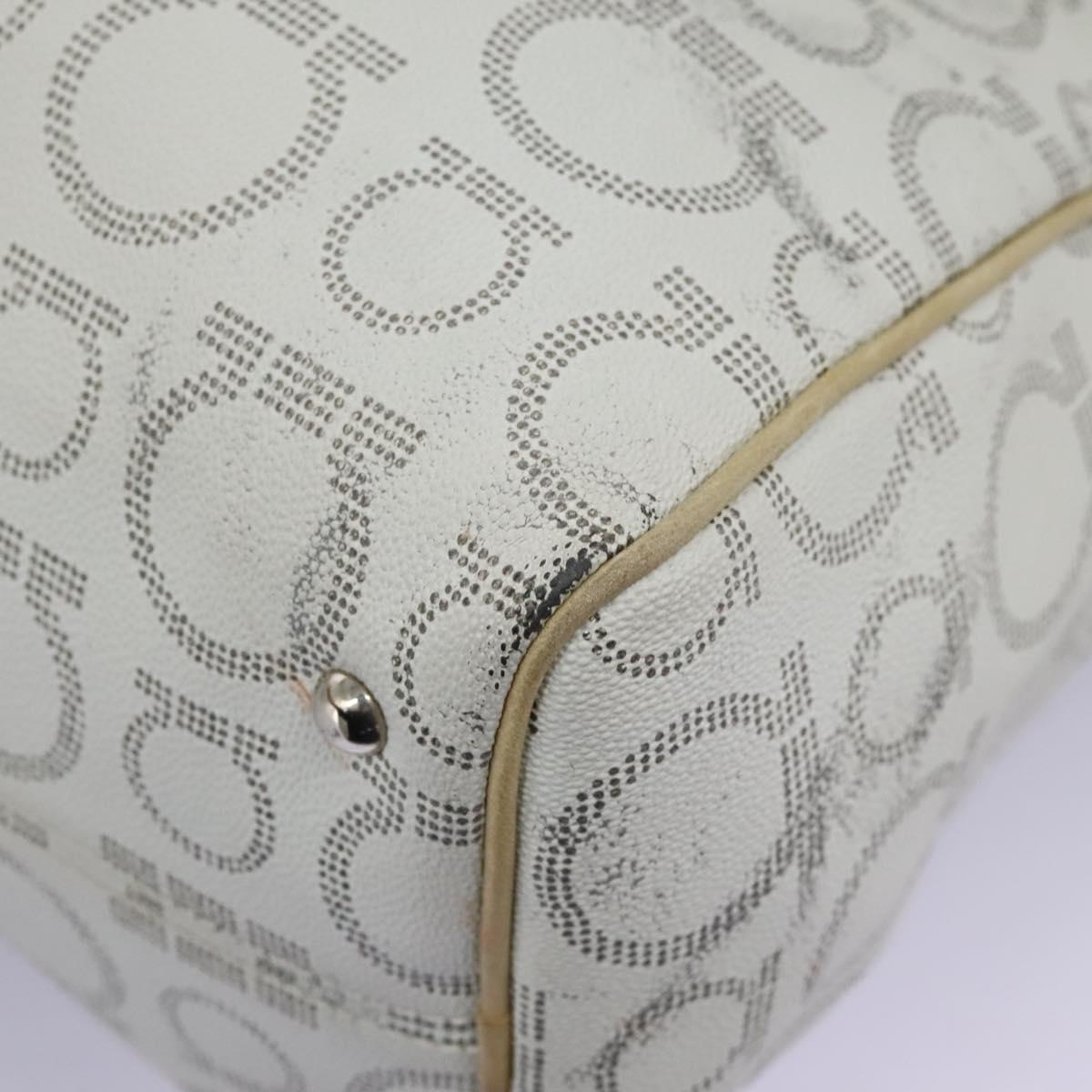 Salvatore Ferragamo Hand Bag Coated Canvas White Beige Silver Auth EC841