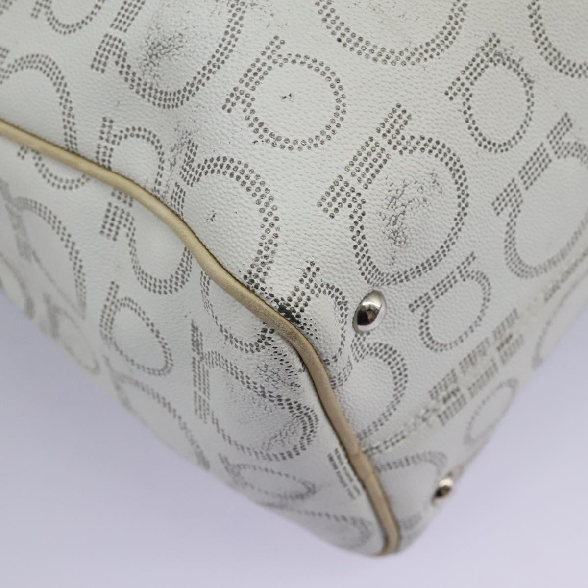 Salvatore Ferragamo Hand Bag Coated Canvas White Beige Silver Auth EC841