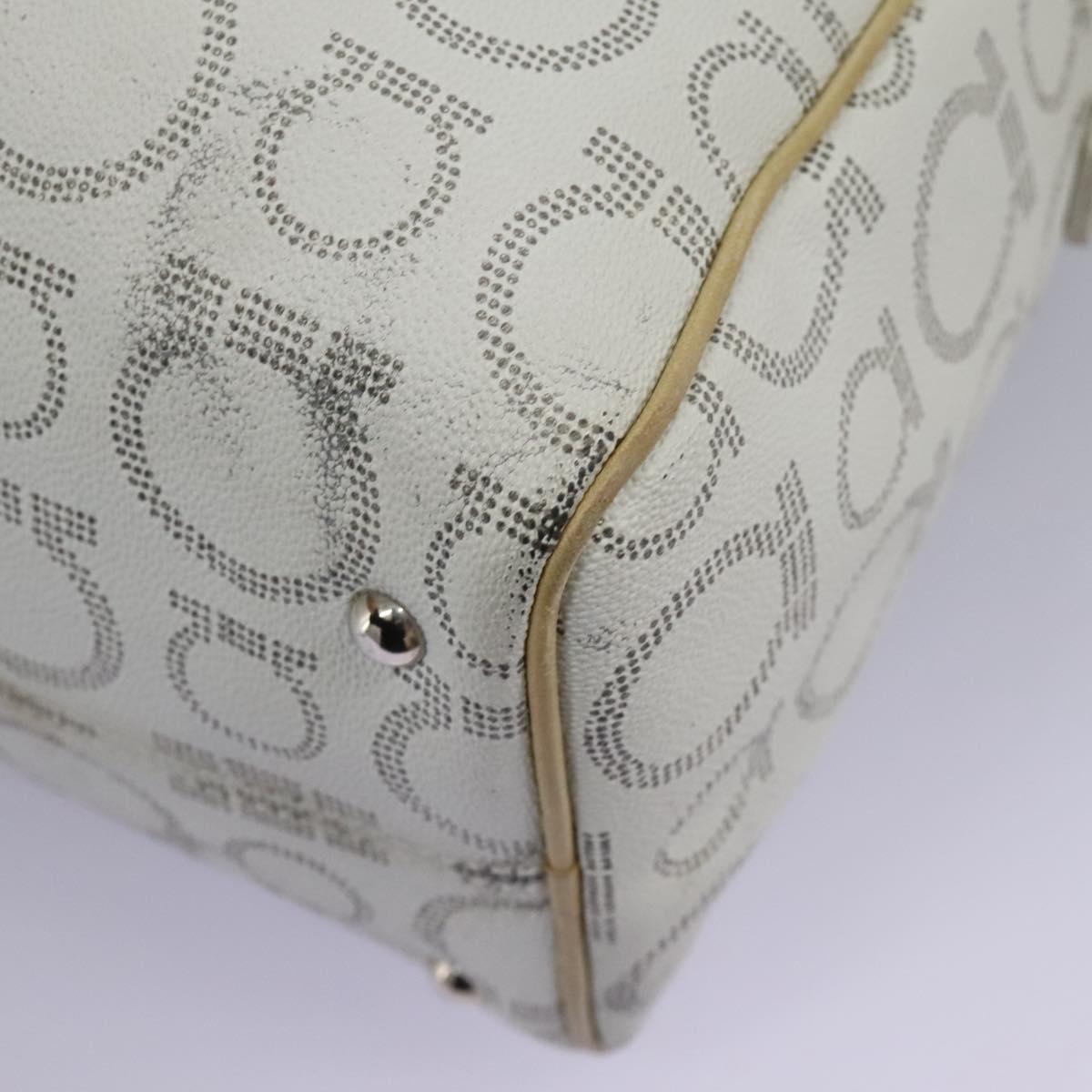 Salvatore Ferragamo Hand Bag Coated Canvas White Beige Silver Auth EC841