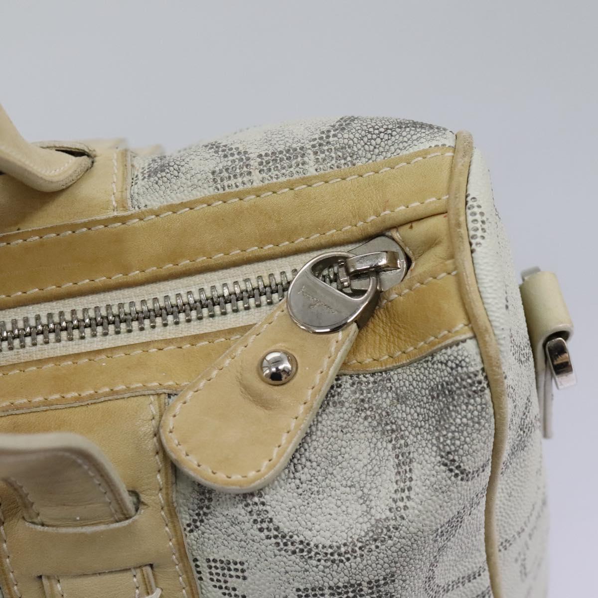 Salvatore Ferragamo Hand Bag Coated Canvas White Beige Silver Auth EC841