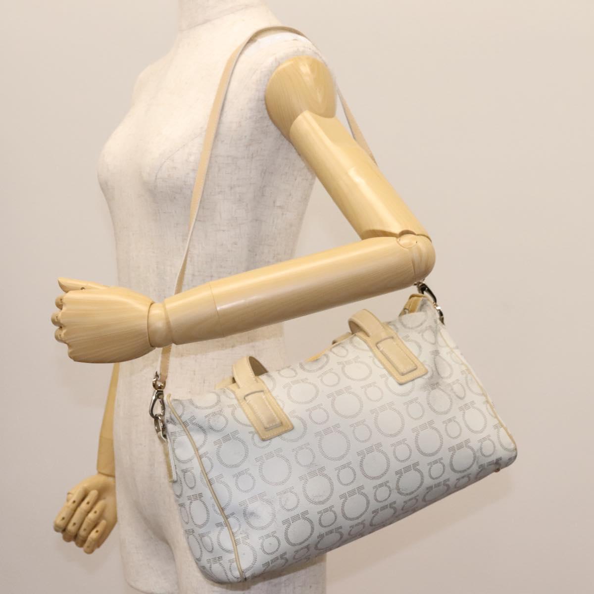 Salvatore Ferragamo Hand Bag Coated Canvas White Beige Silver Auth EC841