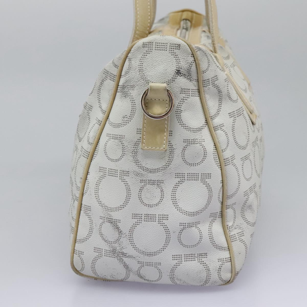 Salvatore Ferragamo Hand Bag Coated Canvas White Beige Silver Auth EC841