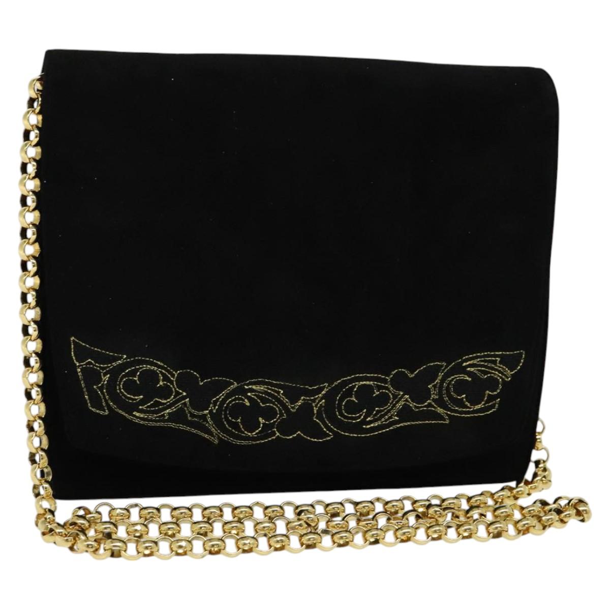Salvatore Ferragamo Chain Shoulder Bag Suede Black Gold Auth EC847
