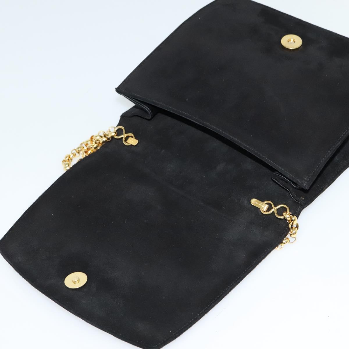Salvatore Ferragamo Chain Shoulder Bag Suede Black Gold Auth EC847