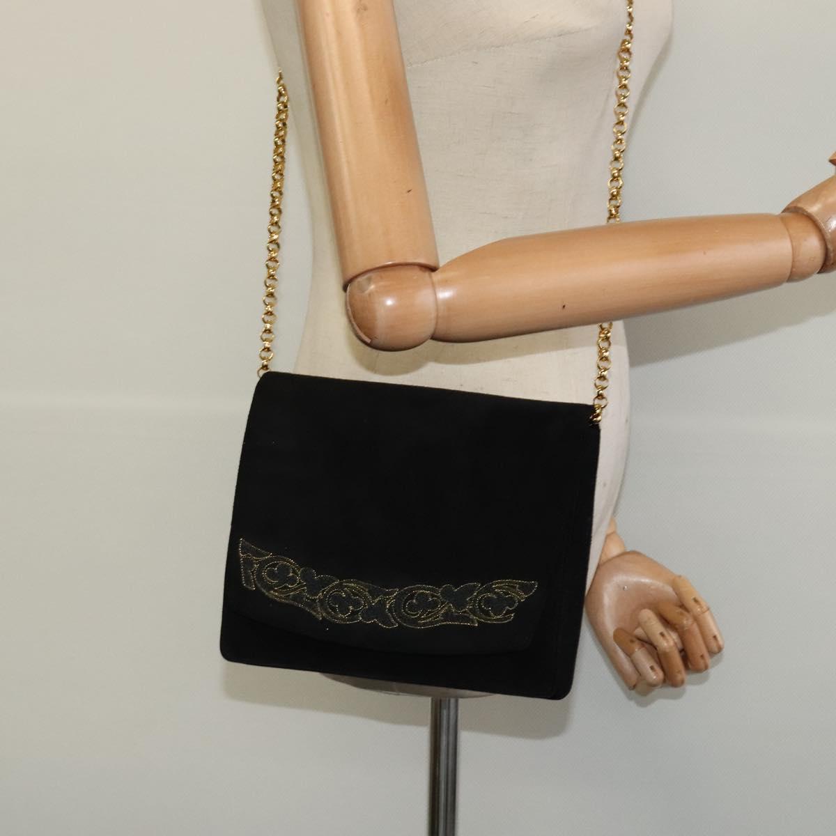 Salvatore Ferragamo Chain Shoulder Bag Suede Black Gold Auth EC847