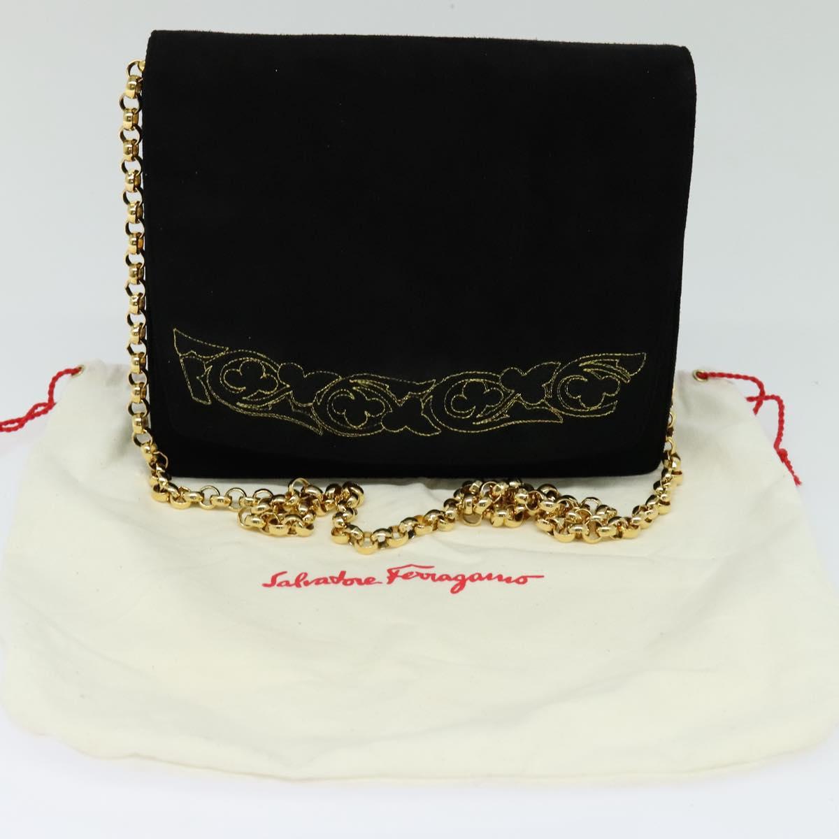 Salvatore Ferragamo Chain Shoulder Bag Suede Black Gold Auth EC847