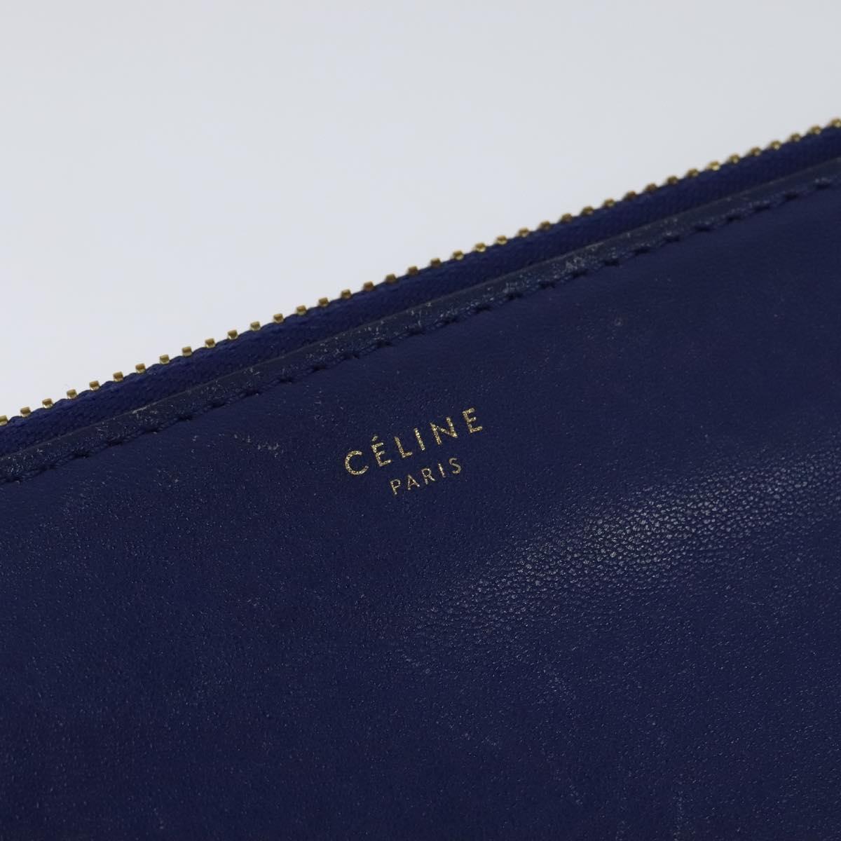 CELINE Trio Shoulder Bag Leather Blue Gold Auth EC863