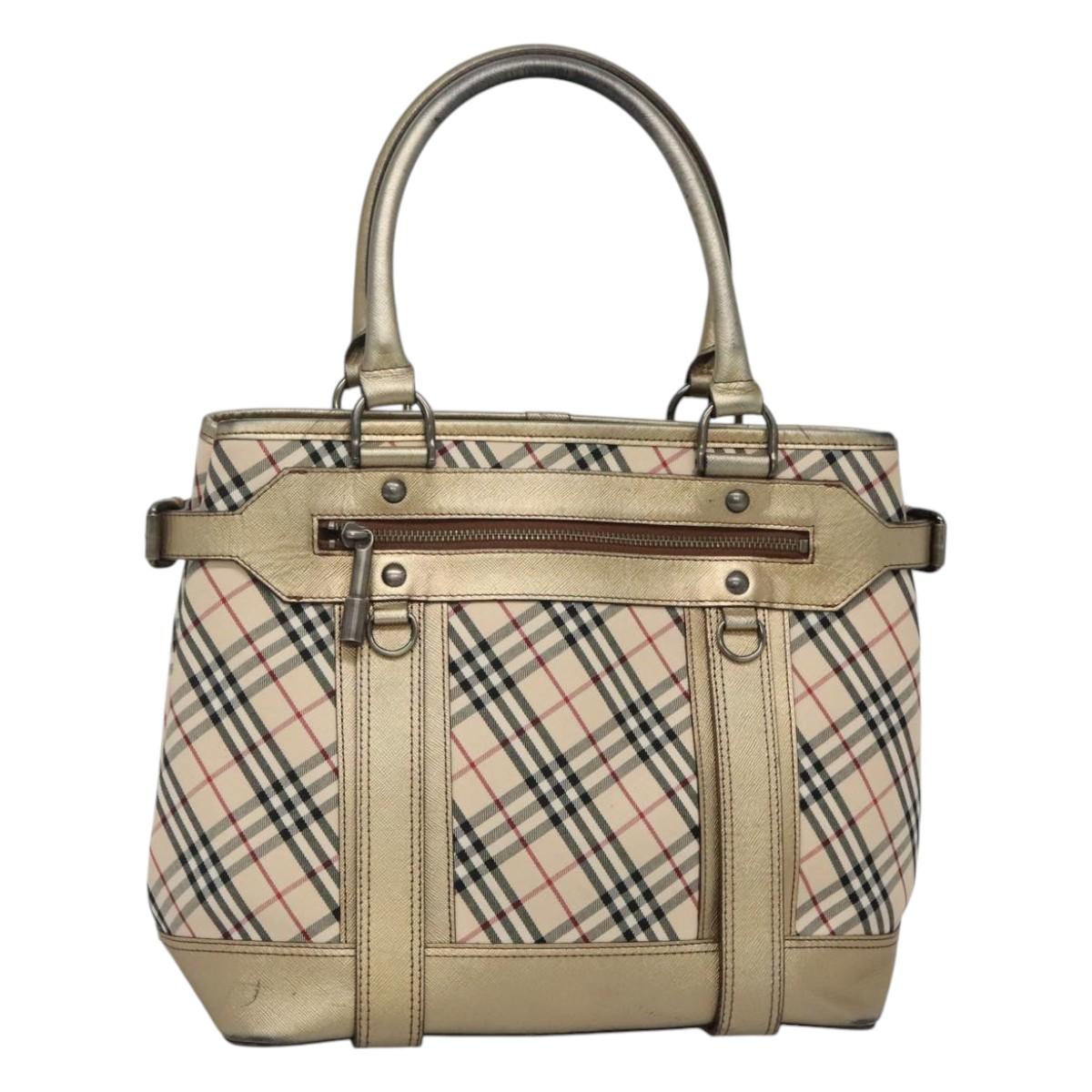 BURBERRY Nova Check Tote Bag Canvas Beige Gold Auth EC868