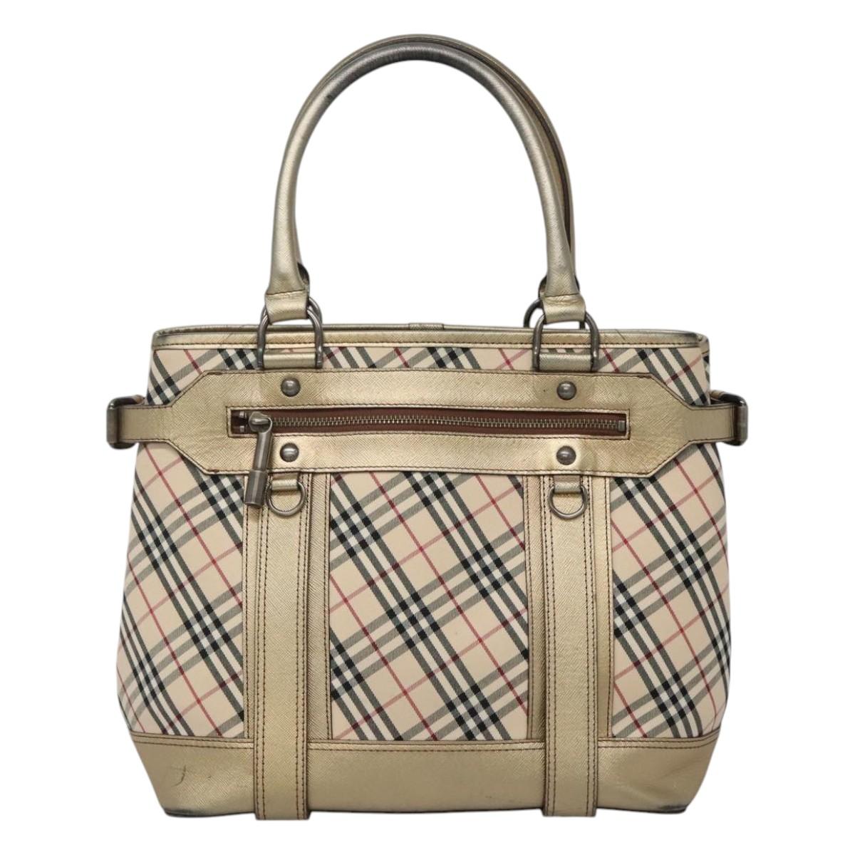 BURBERRY Nova Check Tote Bag Canvas Beige Gold Auth EC868