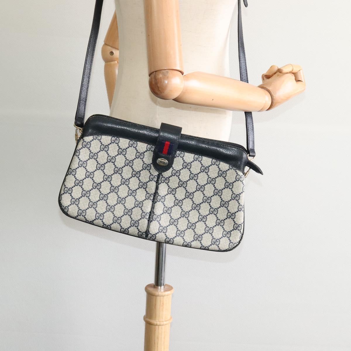 GUCCI GG Supreme Sherry Line Shoulder Bag PVC Navy Gold 904 02 043 Auth EC871