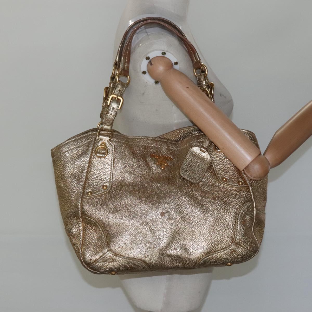 PRADA Tote Bag Leather Gold Tone Auth EC905