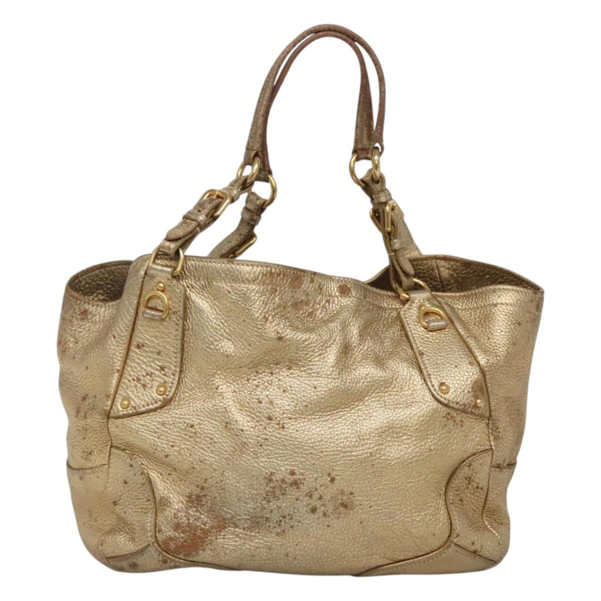 PRADA Tote Bag Leather Gold Tone Auth EC905