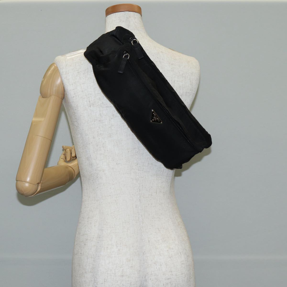 PRADA Waist bag Nylon Black Silver Auth EC935