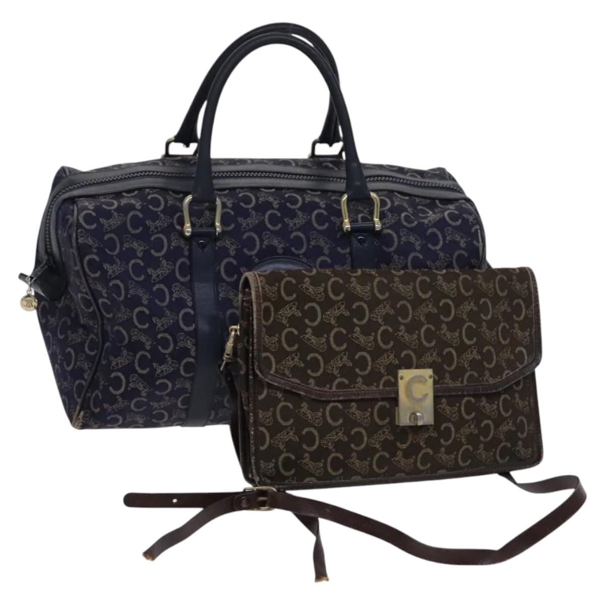 CELINE C Sulky Boston Shoulder Bag Canvas 2Set Brown Navy Auth EC949